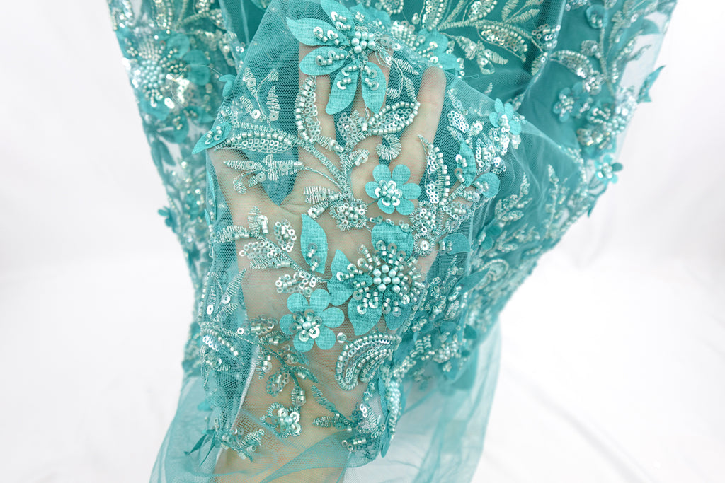 Teal Sequin Floral Bridal Lace