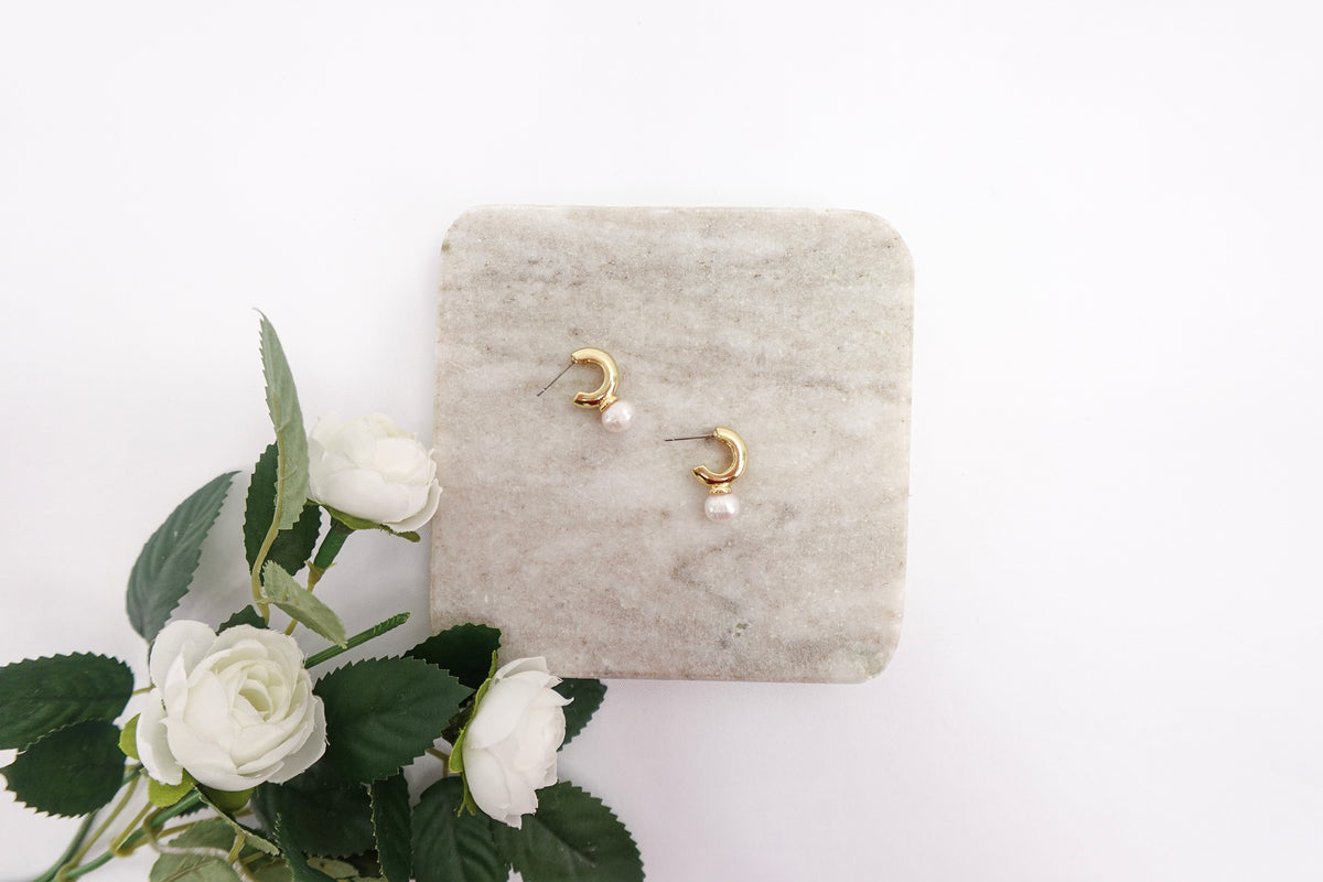 Gold Dipped Freshwater Pearl C-Shaped Stud Earrings