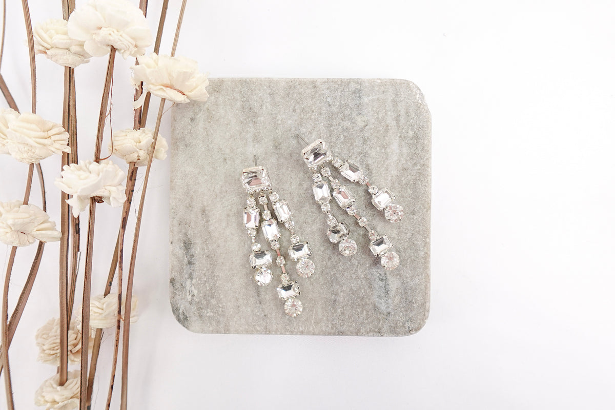 Silver Crystal Three Strand Dangle Earrings