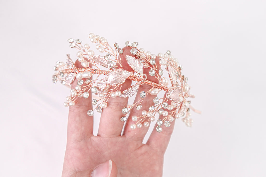 Leaves, Diamonds & Pearls Rose Gold Headband