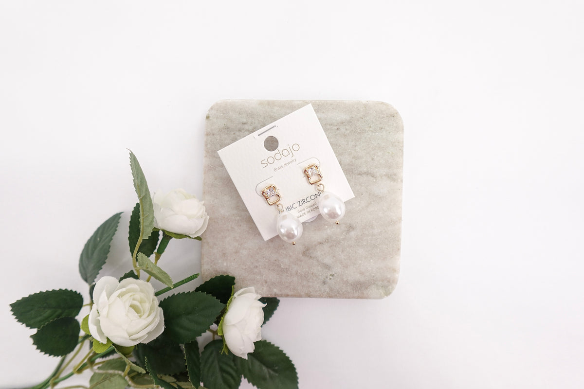 Cubic Zirconia Gold Dipped Pearl Drop Earrings