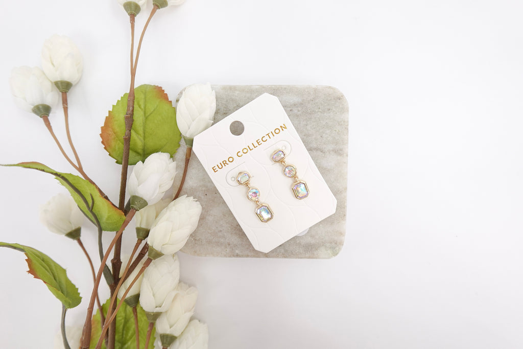 Gold-Toned Iridescent Crystal Dangle Earrings (Three Stone)