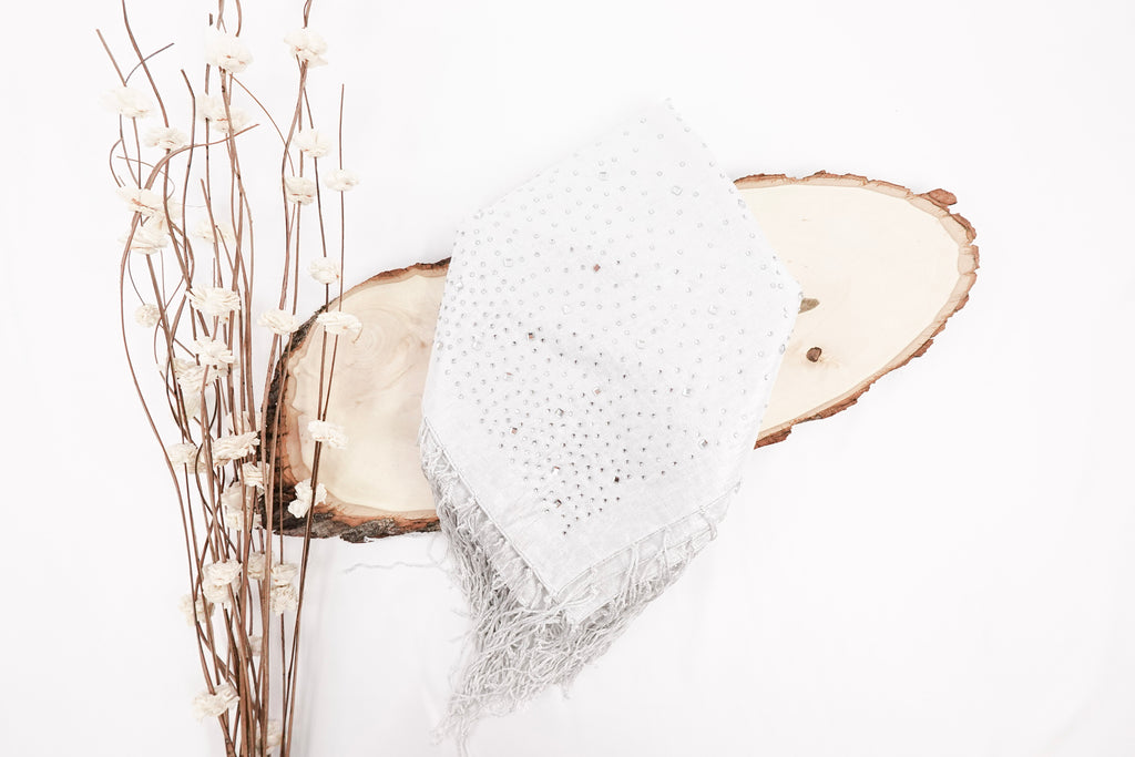 White Rhinestone Church Scarf with Fringe