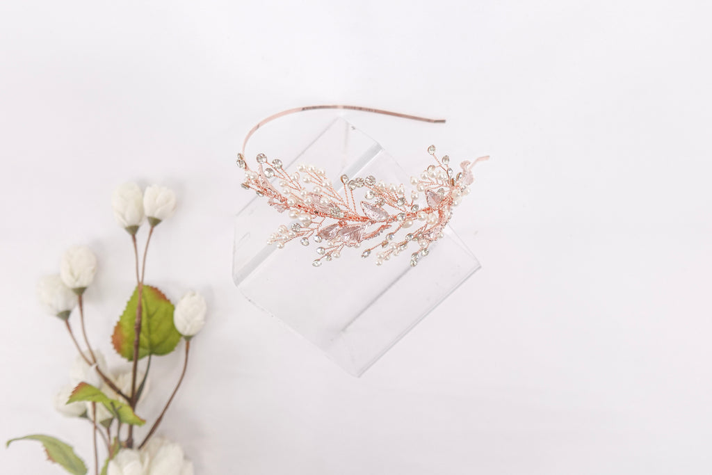 Leaves, Diamonds & Pearls Rose Gold Headband