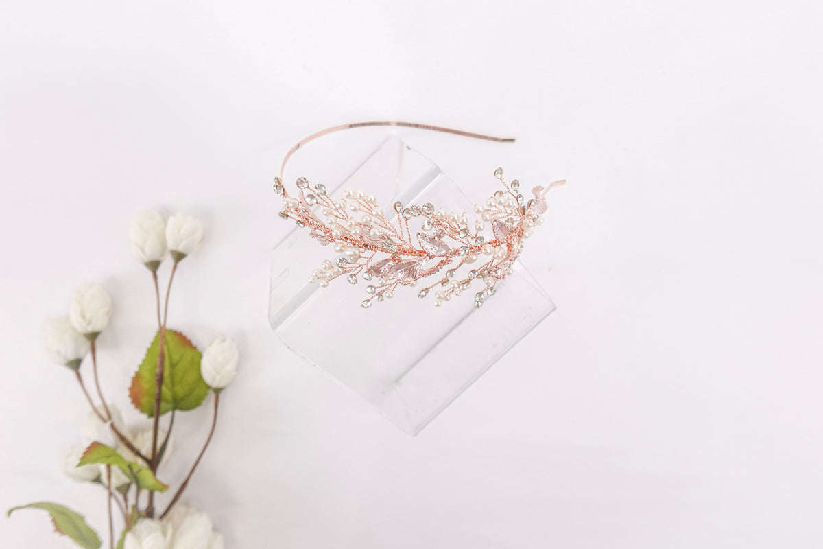 Leaves, Diamonds & Pearls Rose Gold Headband