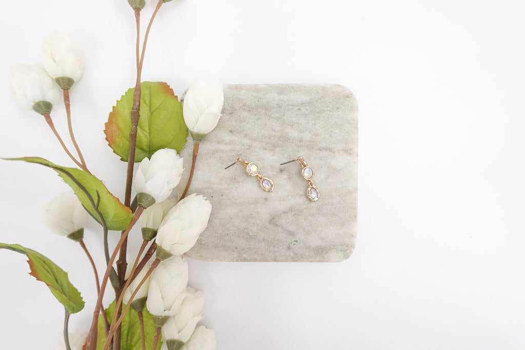 Gold-Toned Iridescent Crystal Dangle Earrings (Two Stone)