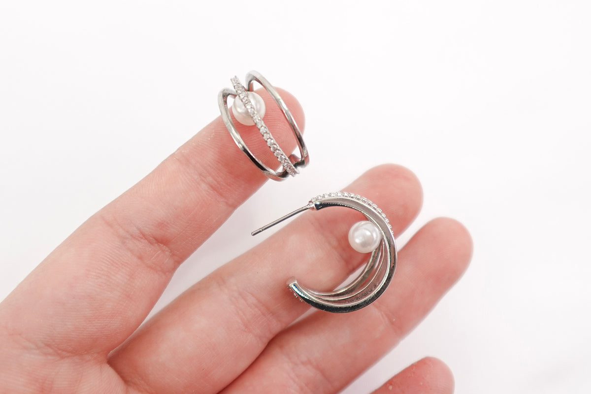Silver Toned Pearl & Crystal  Triple Band Hoop Earrings