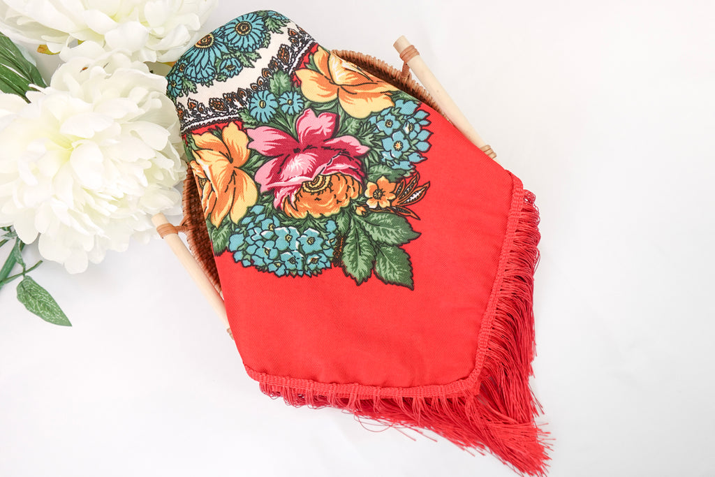 True Red Russia Style Church Scarf with Fringe