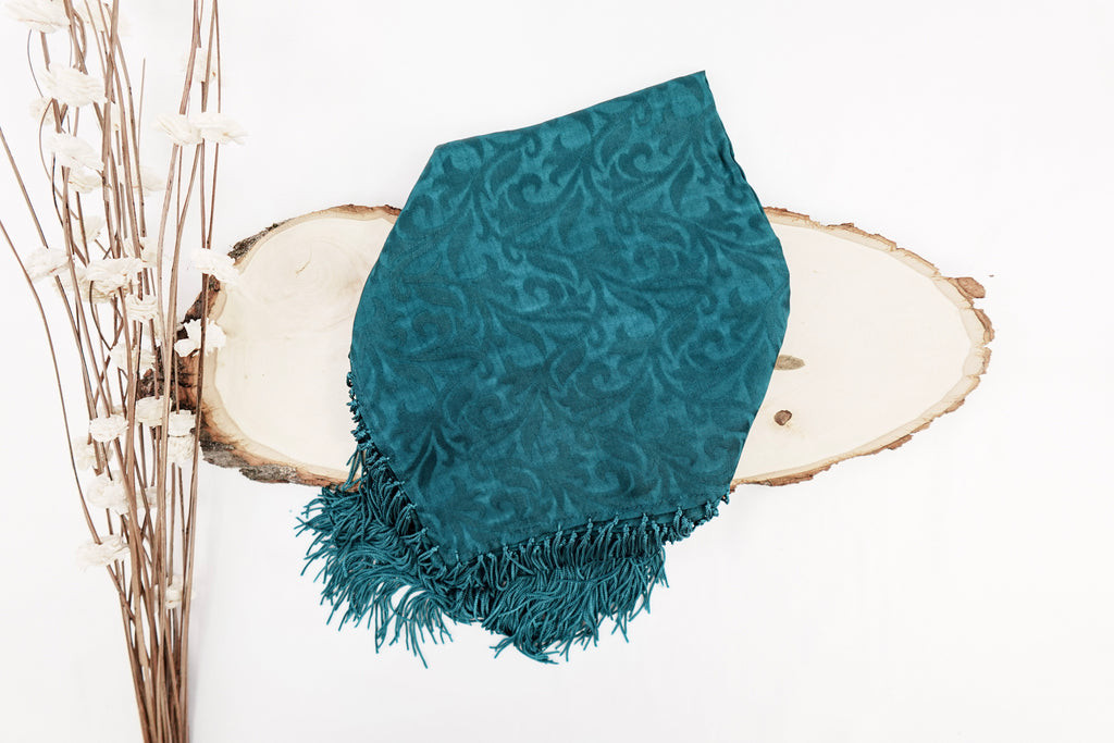 Teal Tone On Tone Church Scarf with Fringe