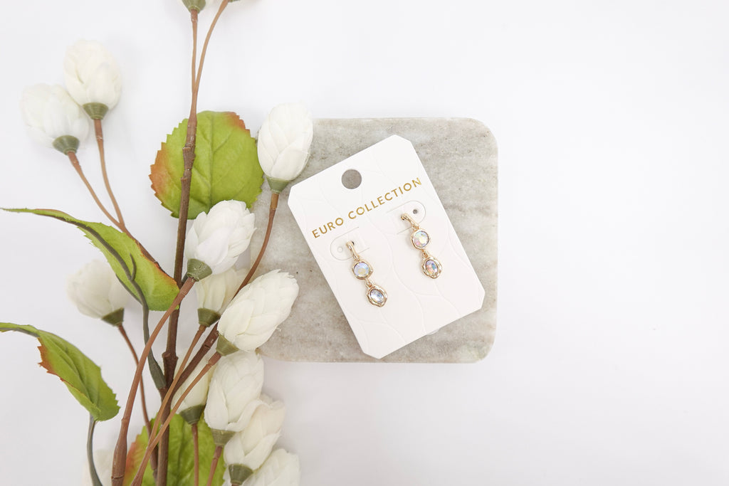 Gold-Toned Iridescent Crystal Dangle Earrings (Two Stone)