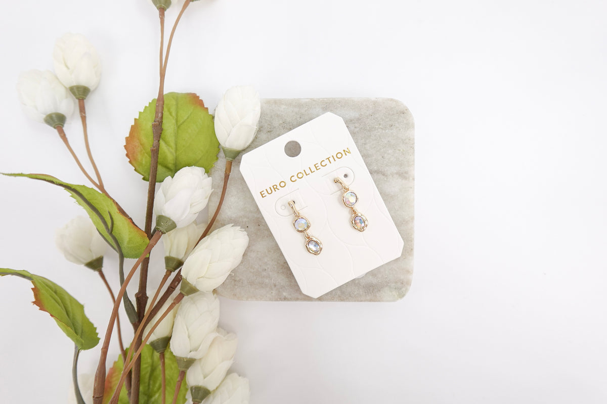 Gold-Toned Iridescent Crystal Dangle Earrings (Two Stone)