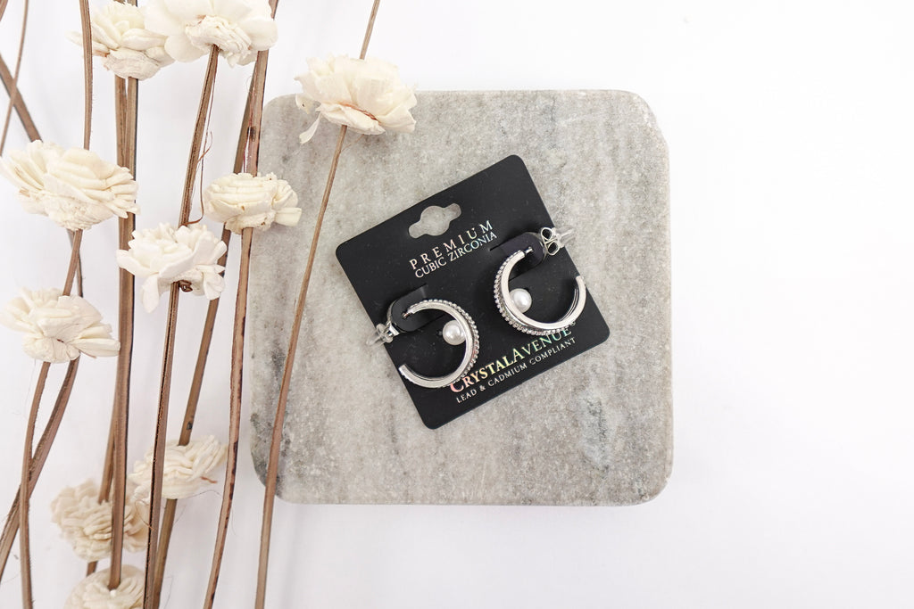 Silver Toned Pearl & Crystal  Triple Band Hoop Earrings