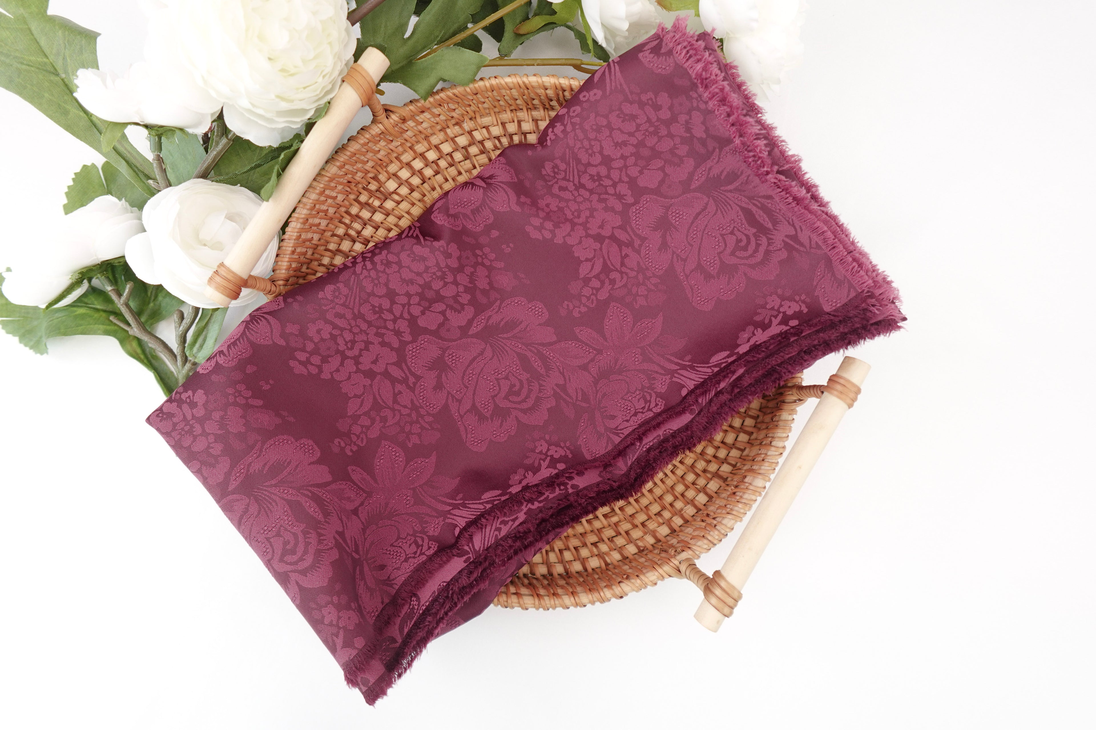 Muted Berry Roses Design Two Tone Church Scarf with Frayed Edge