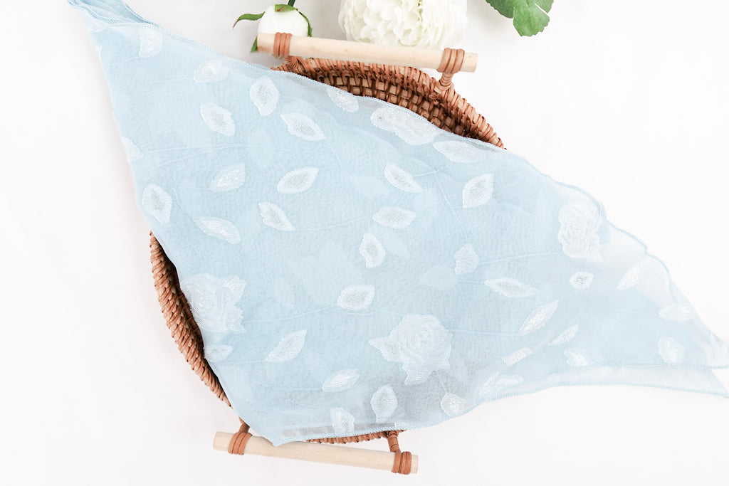 Sky Blue Triangle Scarf with Floral Details