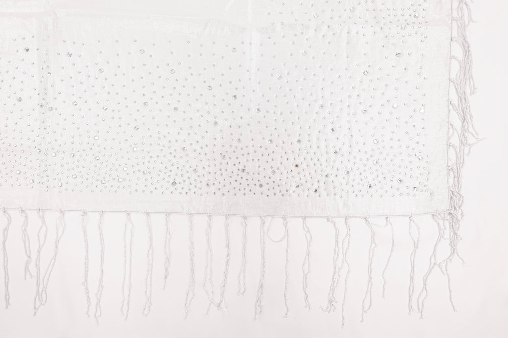White Rhinestone Church Scarf with Fringe