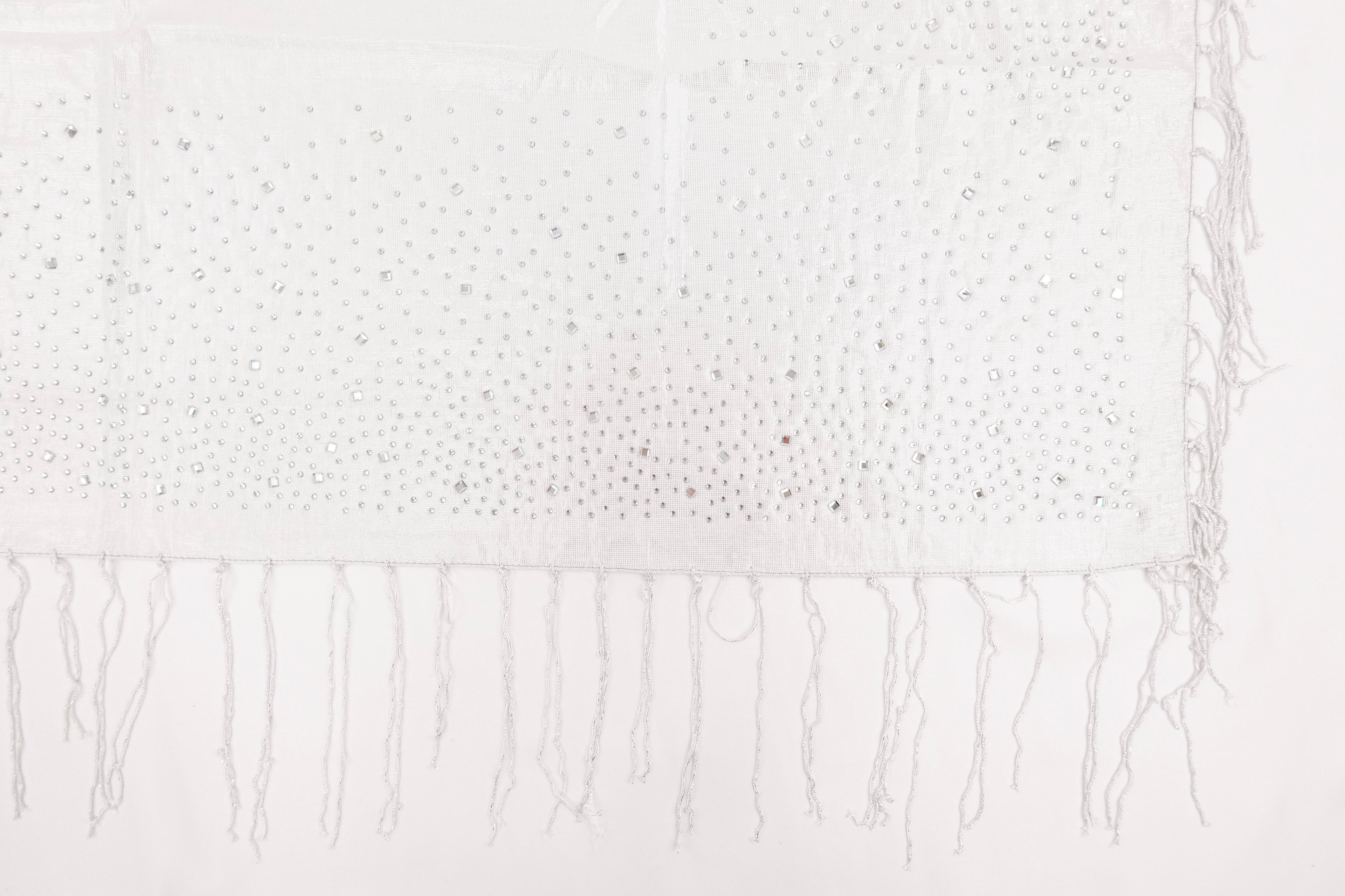 White Rhinestone Church Scarf with Fringe