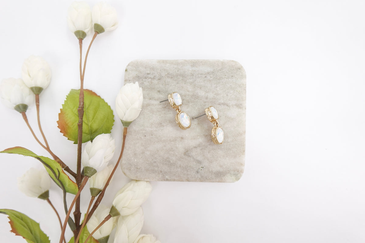 Gold-Toned Iridescent Crystal Dangle Earrings (Large Two Stone)