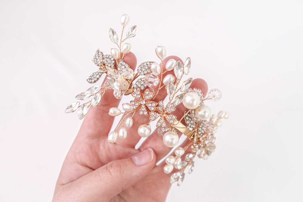 Diamond Flowers & Pearls Gold Headband