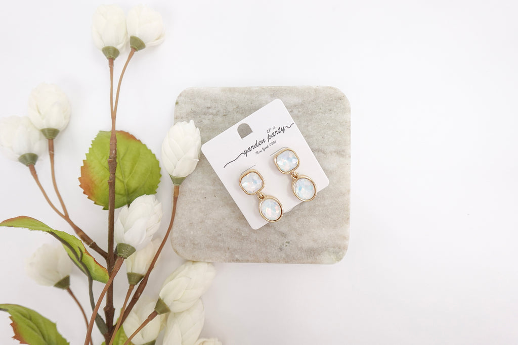 Gold-Toned Iridescent Crystal Dangle Earrings (Large Two Stone)