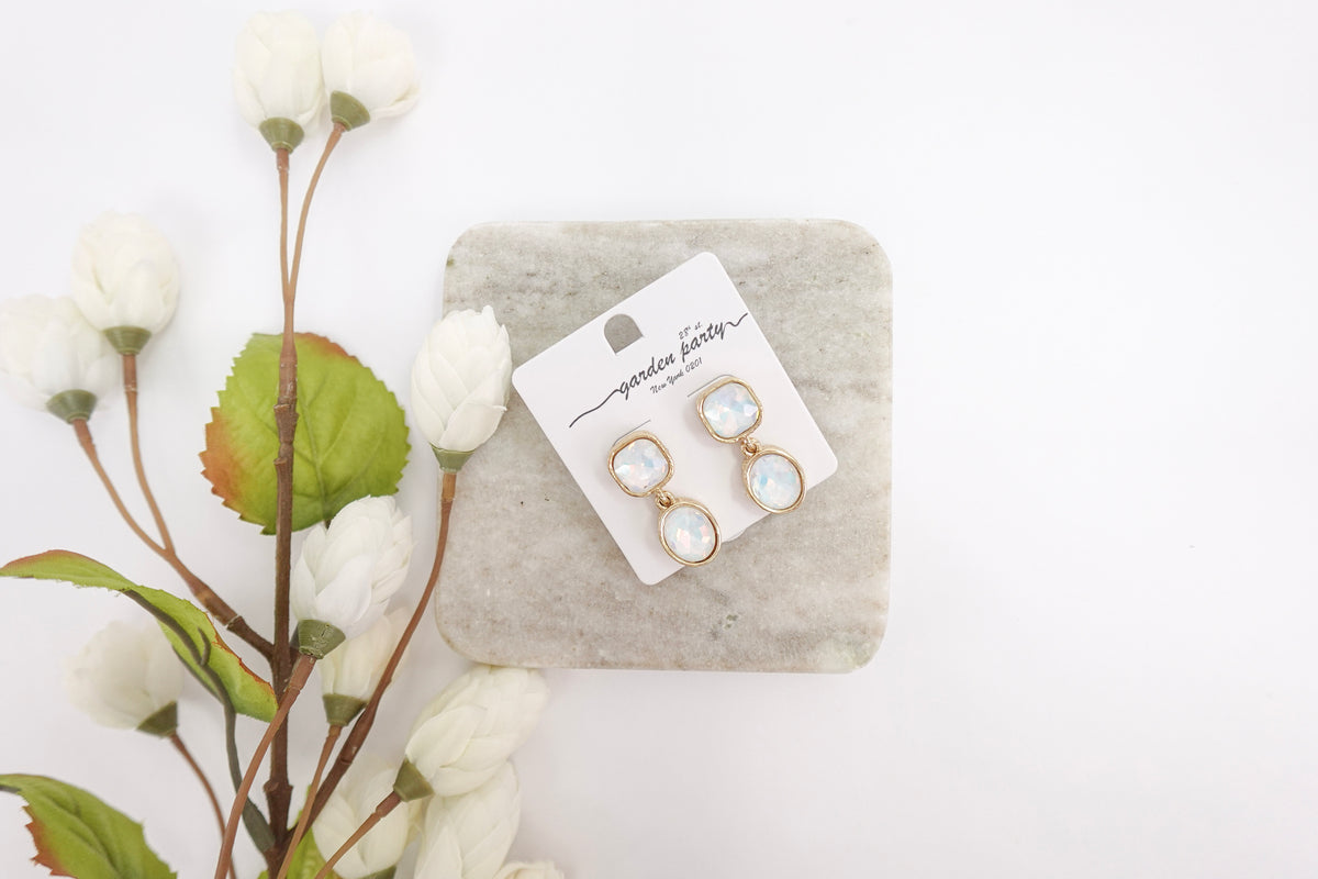 Gold-Toned Iridescent Crystal Dangle Earrings (Large Two Stone)