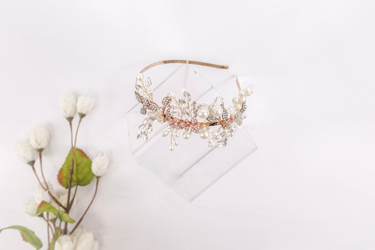 Diamond Flowers & Pearls Gold Headband