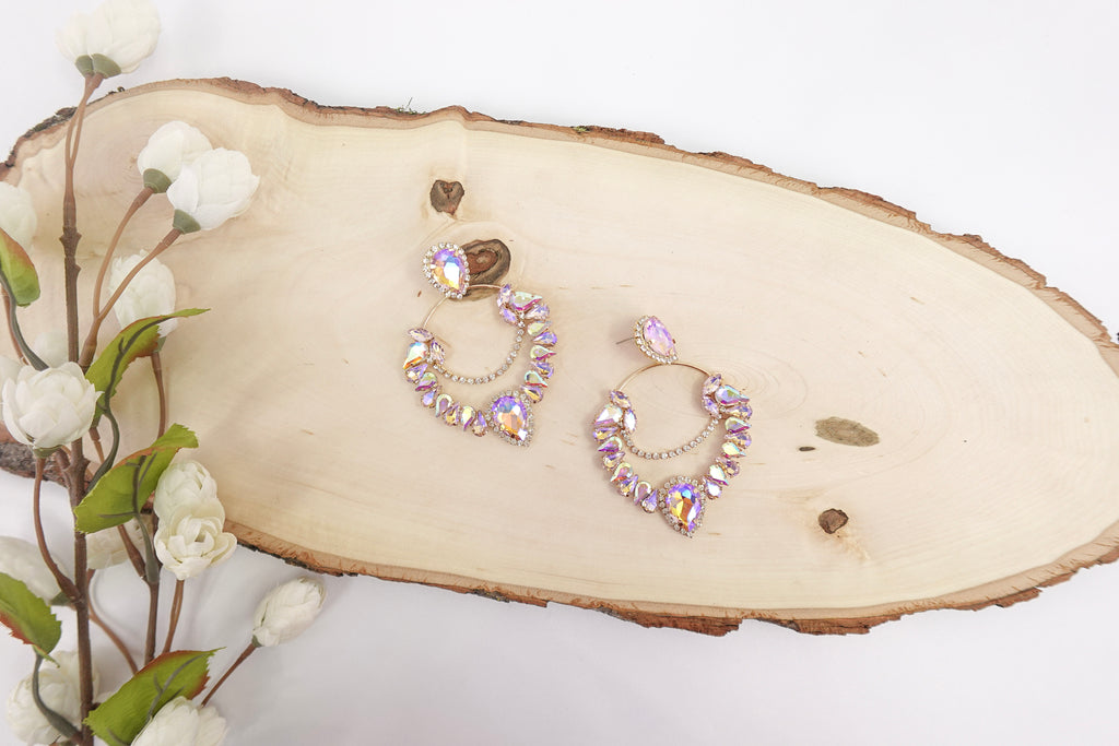 Extra Large Gold Toned Purple Colored Crystal Dangle Earrings