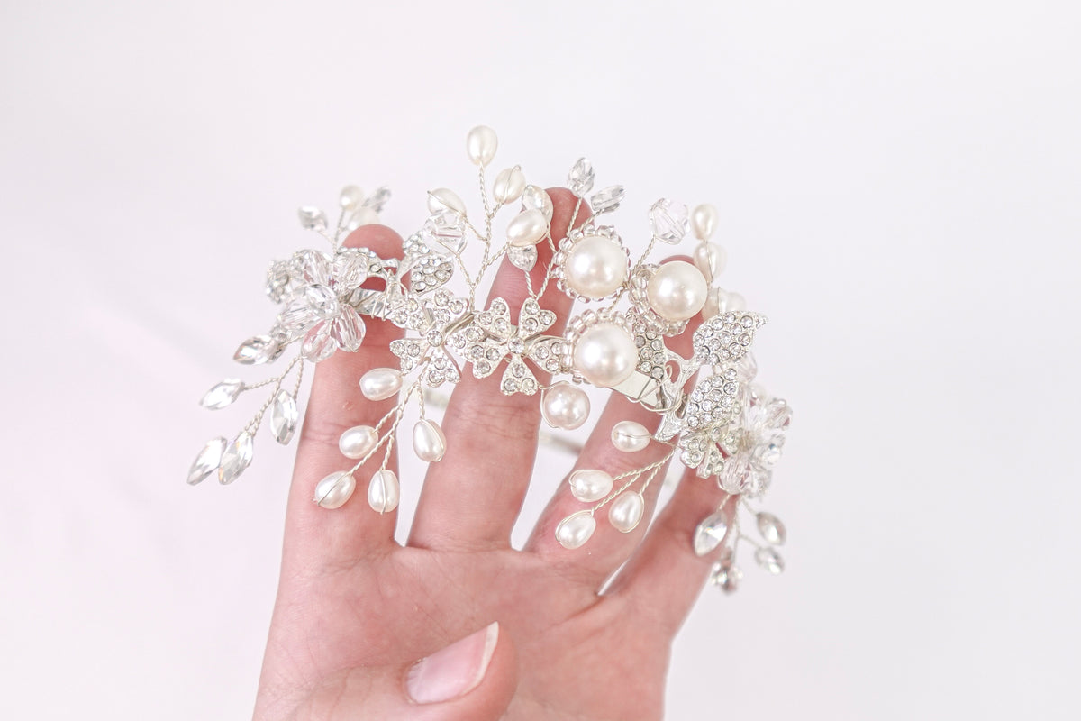 Diamond Flowers & Pearls Headband