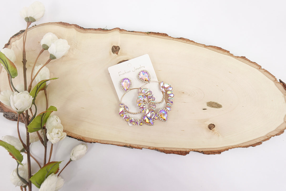 Extra Large Gold Toned Purple Colored Crystal Dangle Earrings