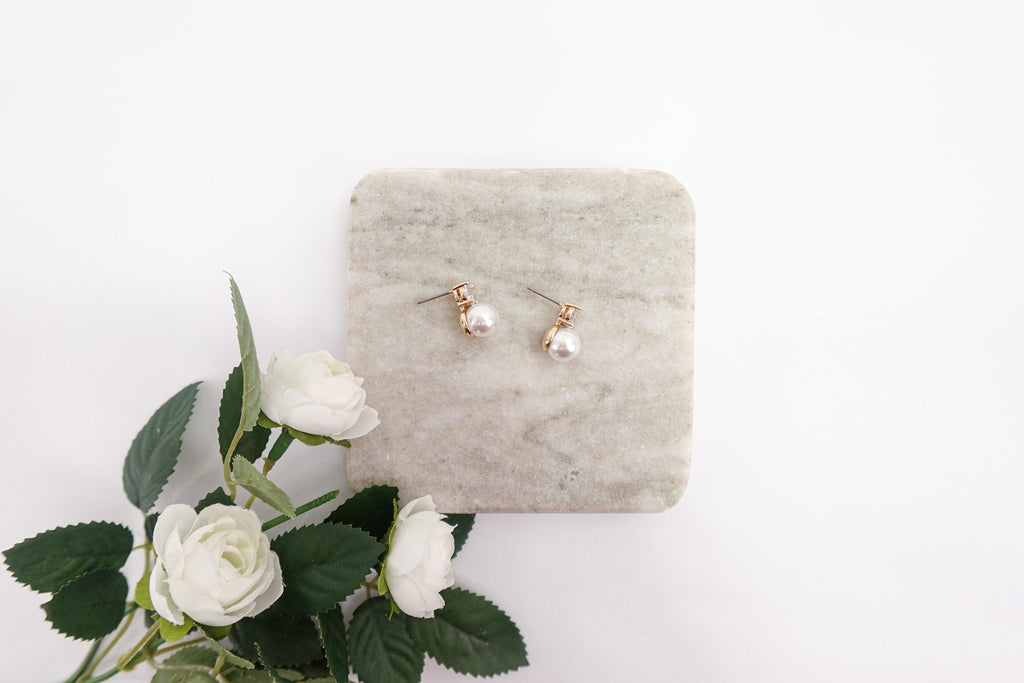 Gold Dipped Cubic Zirconia Pearl Small Drop Earrings