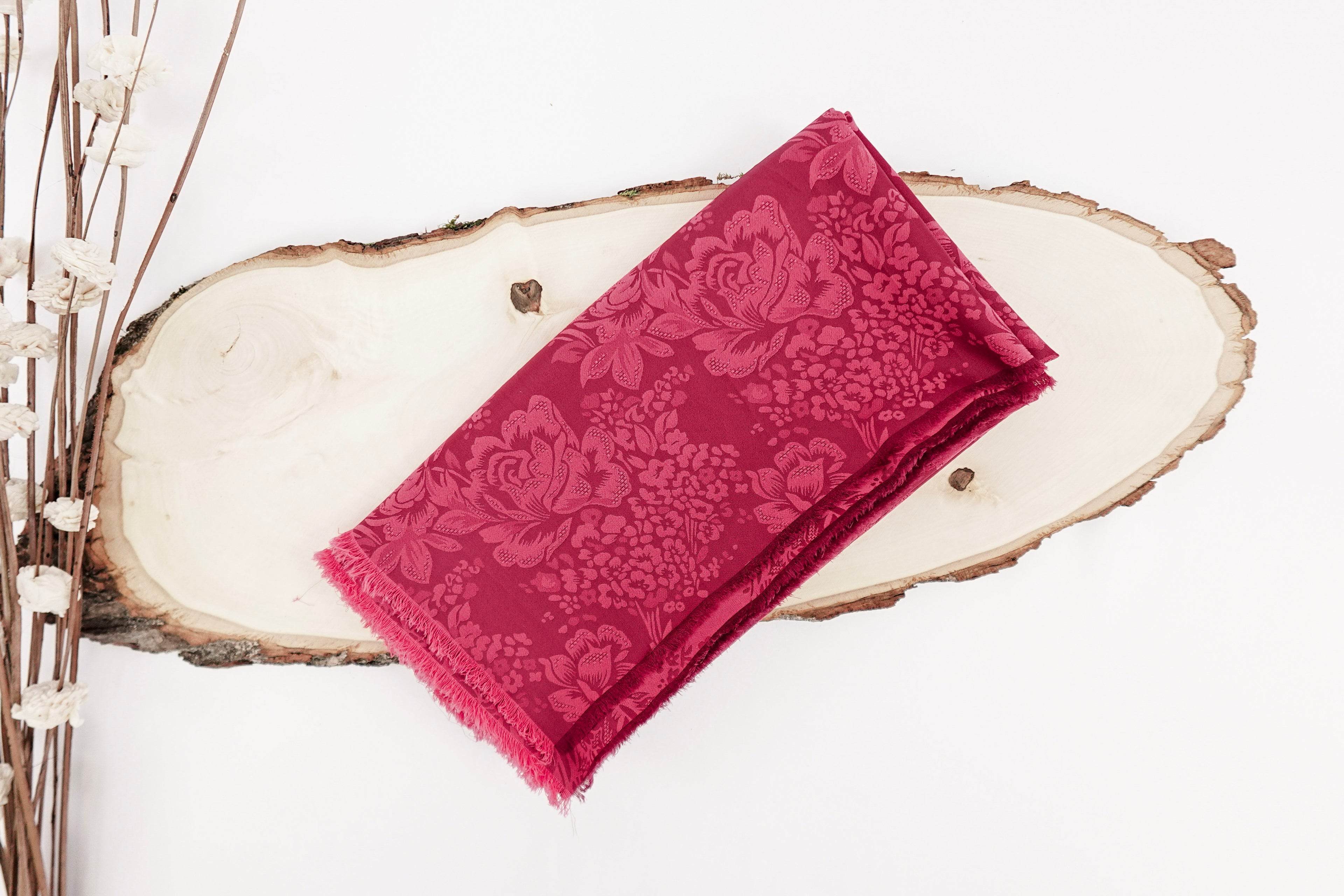 Magenta Roses Design Two Tone Church Scarf with Frayed Edge
