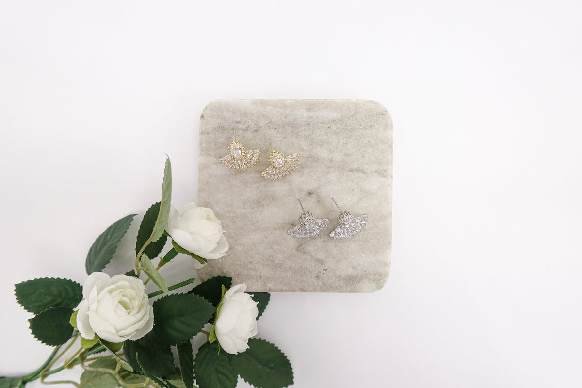 Gold Dipped Cubic Zirconia Fan-Shaped Stud Earrings