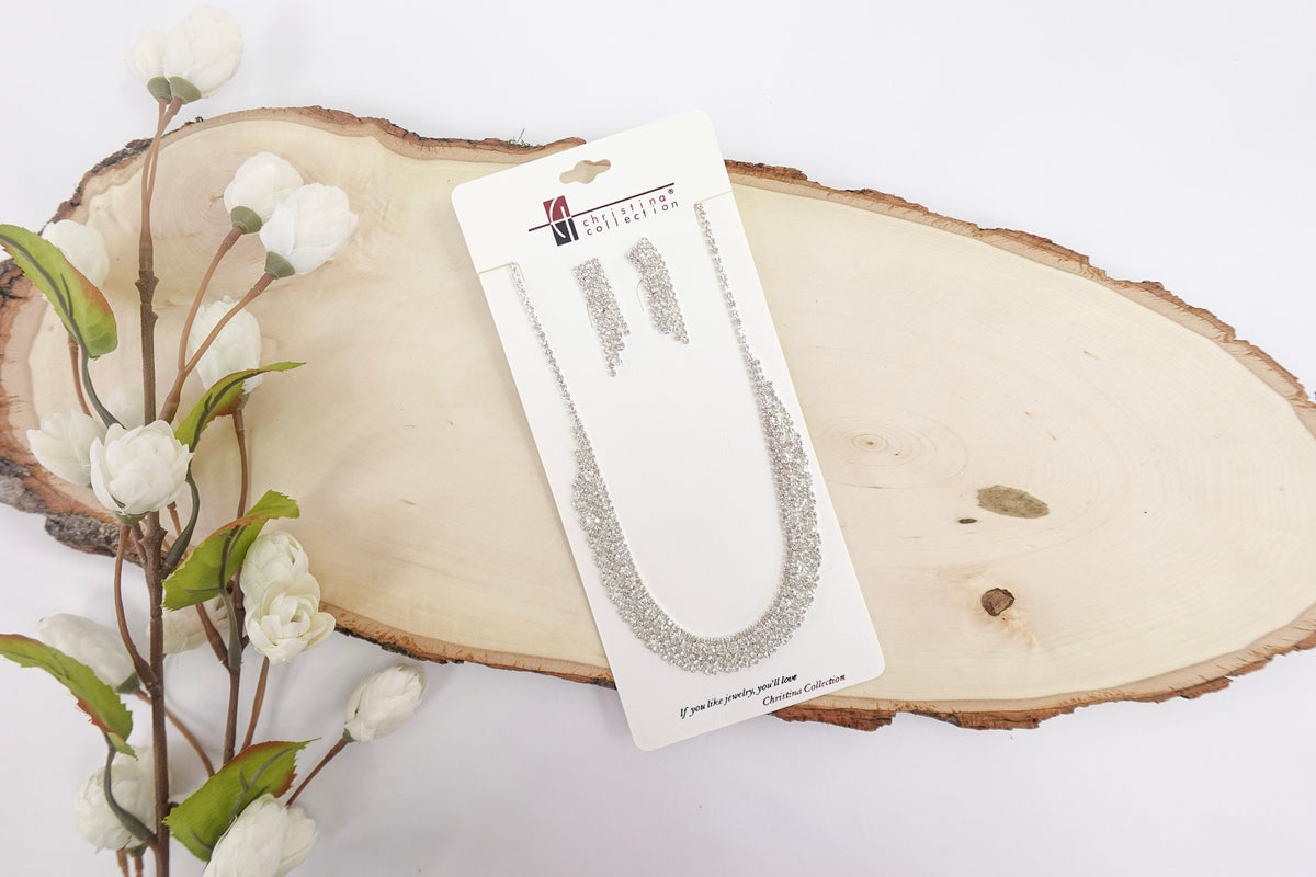 Silver Toned Crystal Necklace & Earrings Set