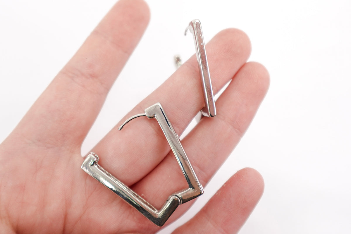 Silver Toned Rectangular Hoop Style Earrings