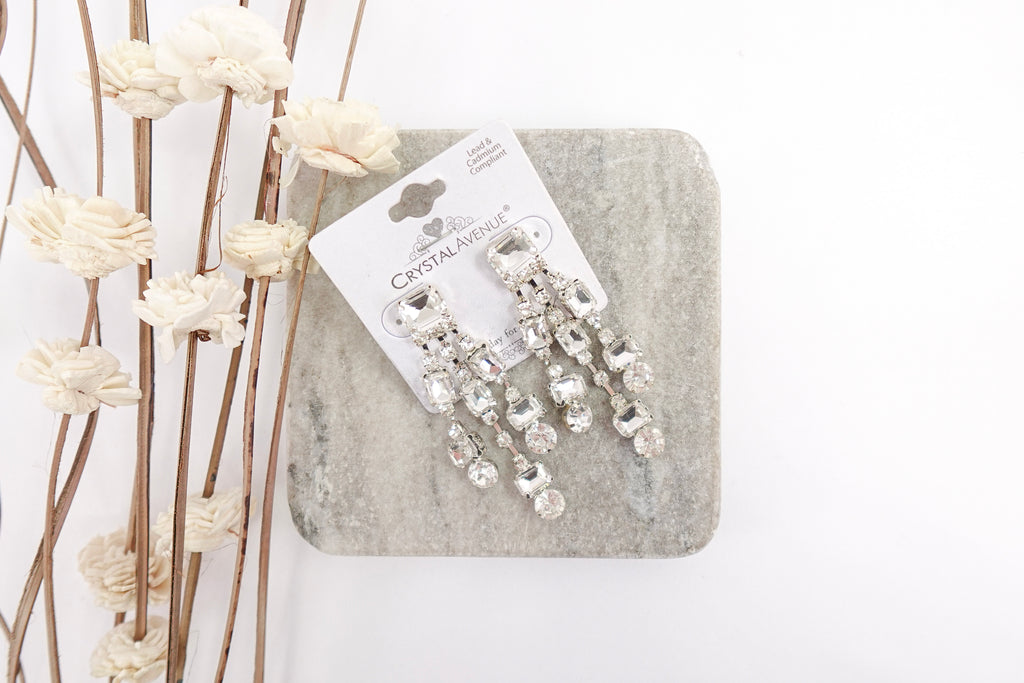 Silver Crystal Three Strand Dangle Earrings