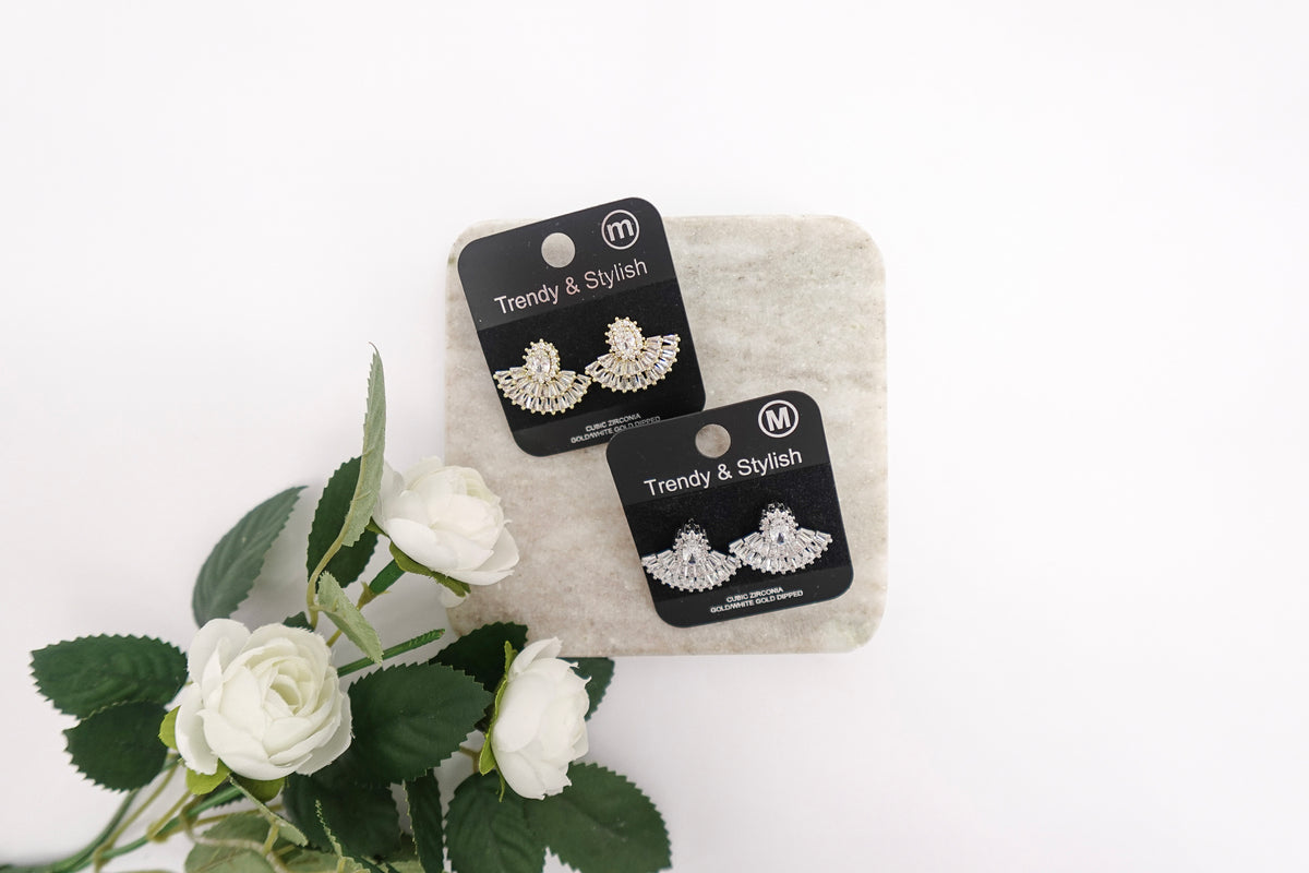 Gold Dipped Cubic Zirconia Fan-Shaped Stud Earrings