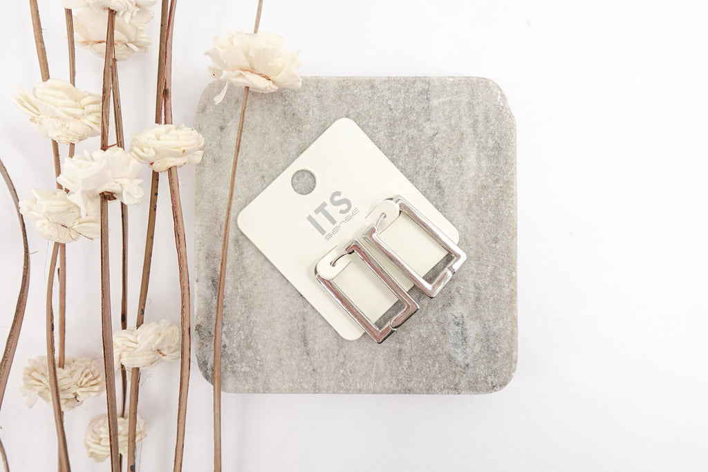 Silver Toned Rectangular Hoop Style Earrings