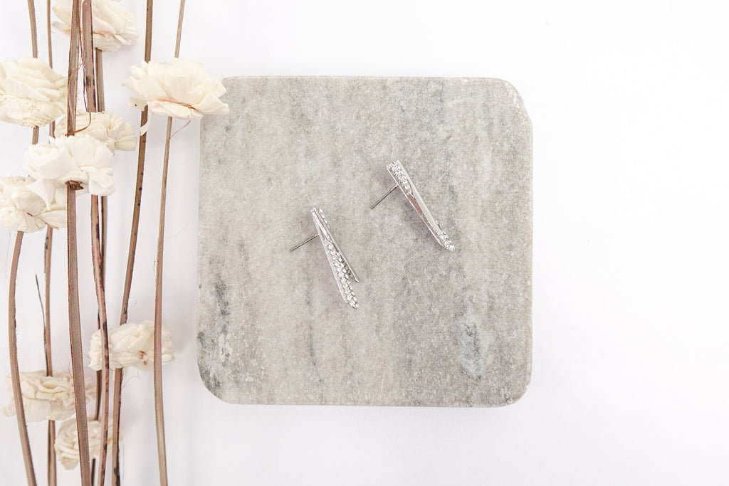 Silver Toned Crystal Geometric Stud Earrings