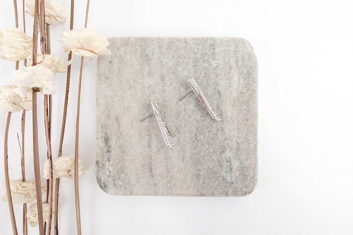 Silver Toned Crystal Geometric Stud Earrings