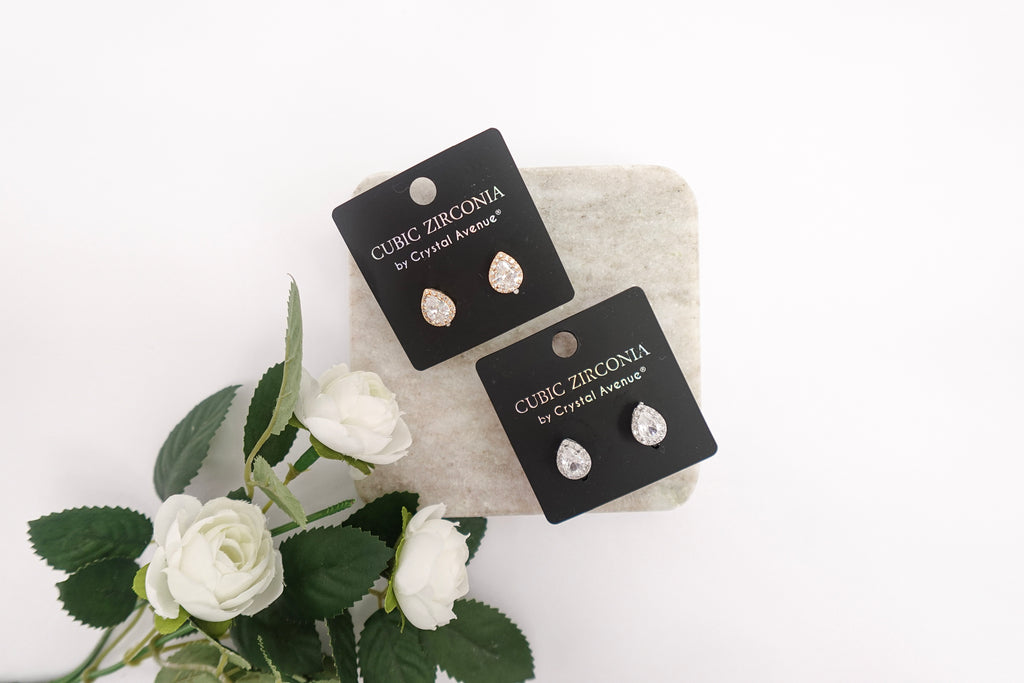 Cubic Zirconia Teardrop Halo Stud Earrings