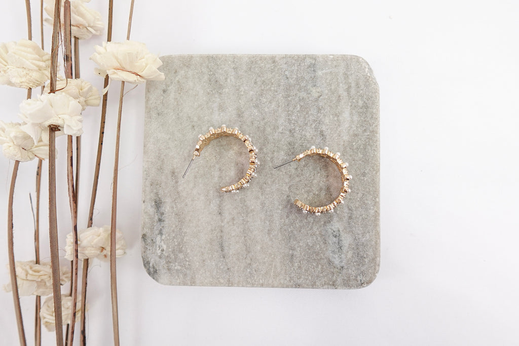 Gold Toned Pearl & Crystal Hoop Earrings