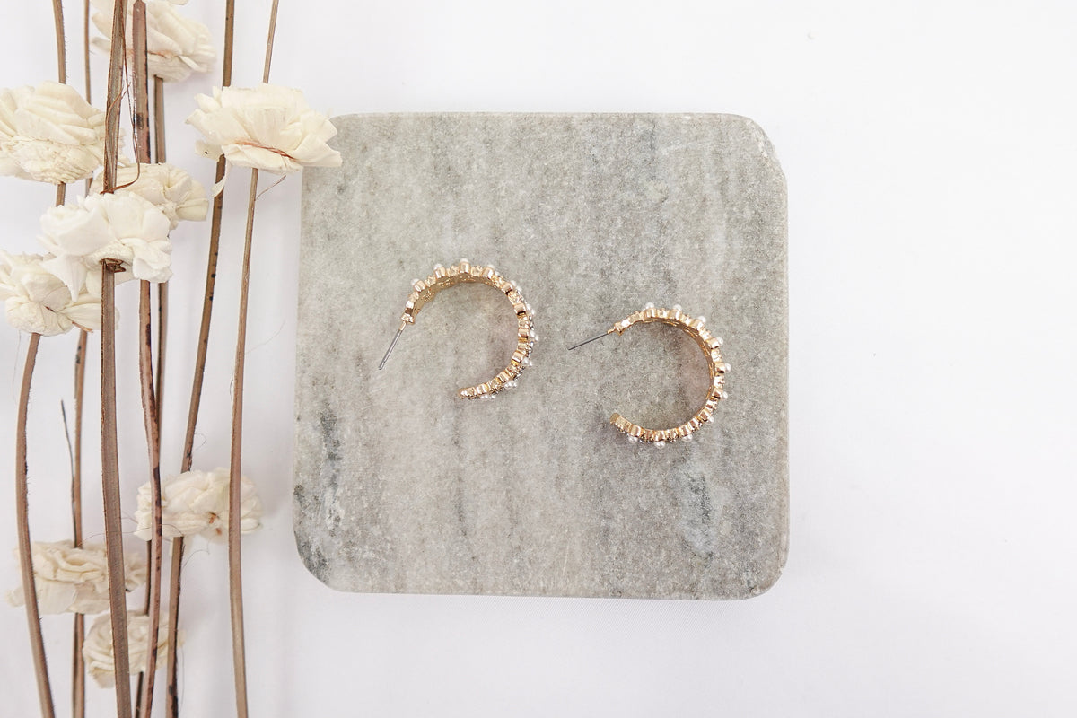 Gold Toned Pearl & Crystal Hoop Earrings