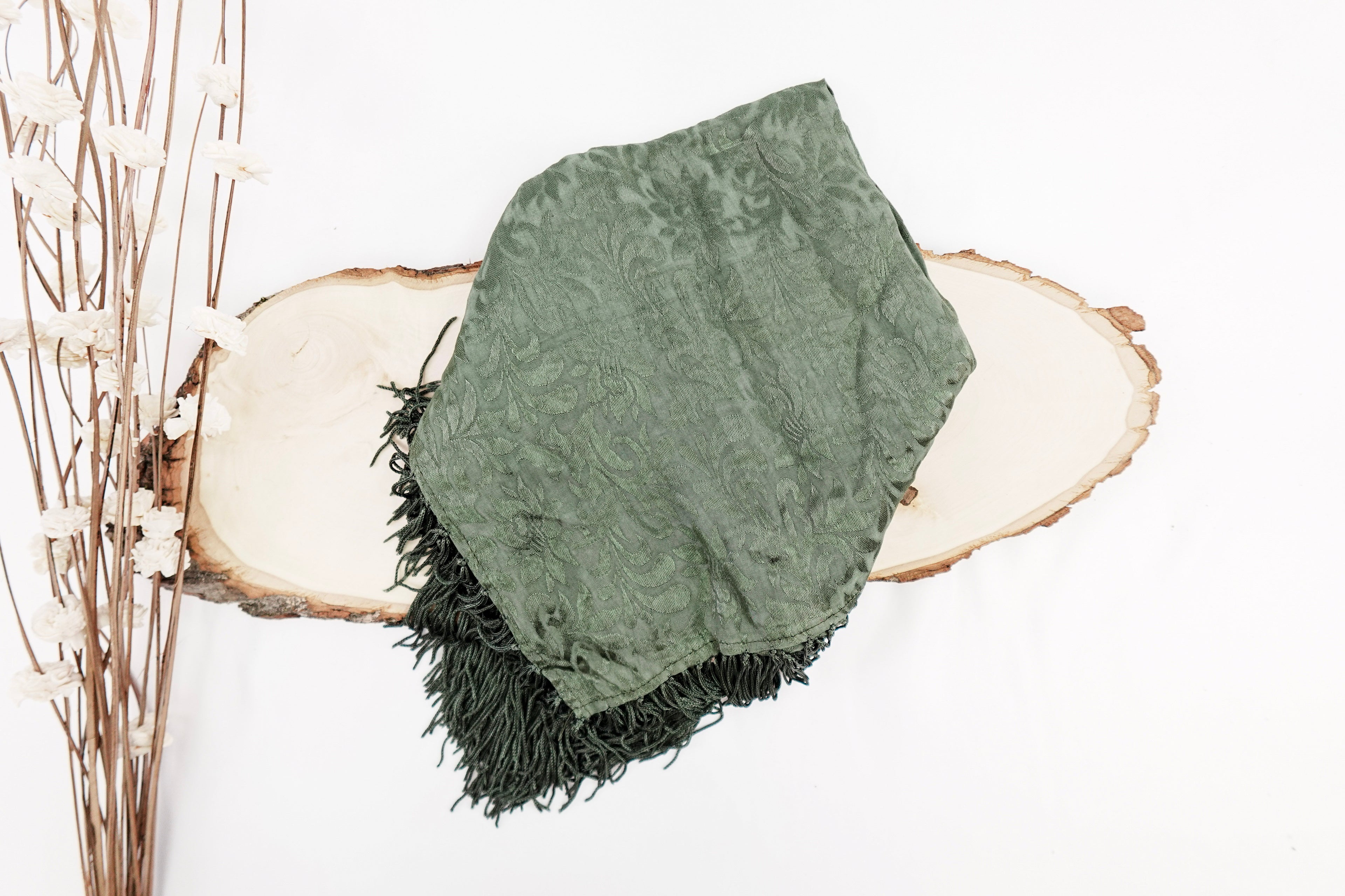Olive Green Tone On Tone Church Scarf with Fringe