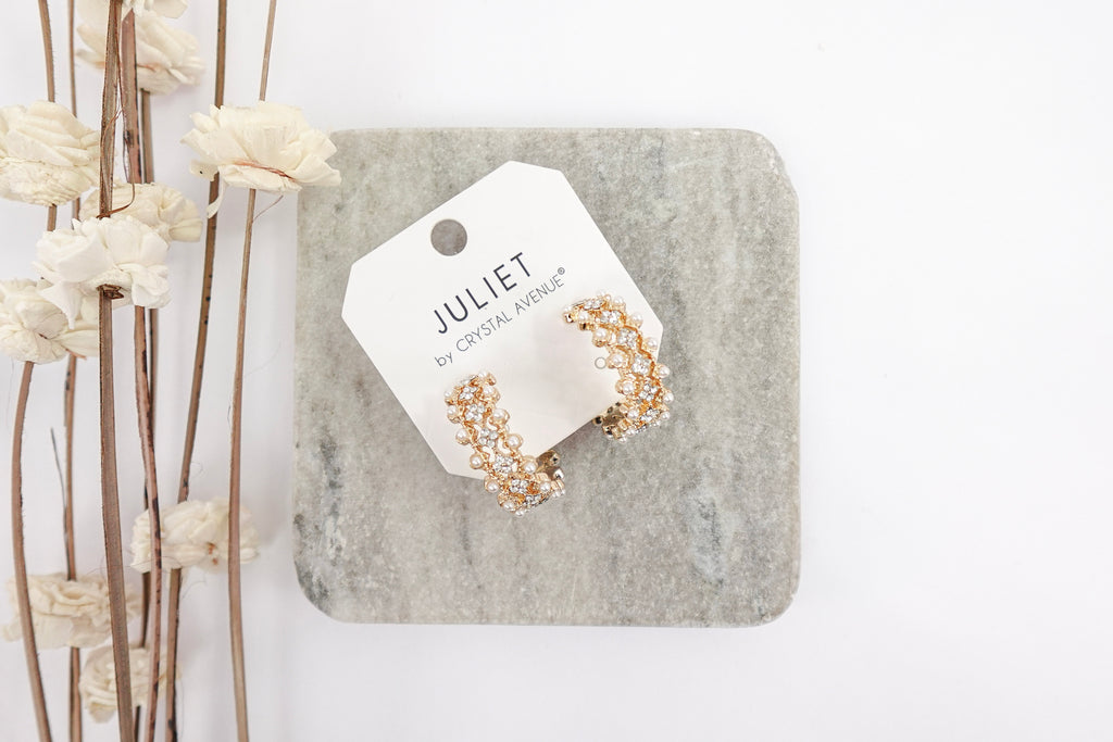 Gold Toned Pearl & Crystal Hoop Earrings