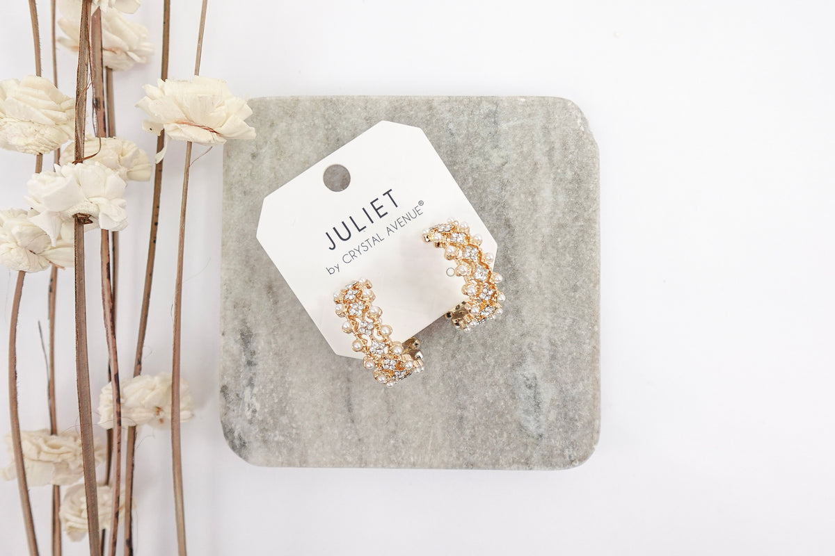 Gold Toned Pearl & Crystal Hoop Earrings