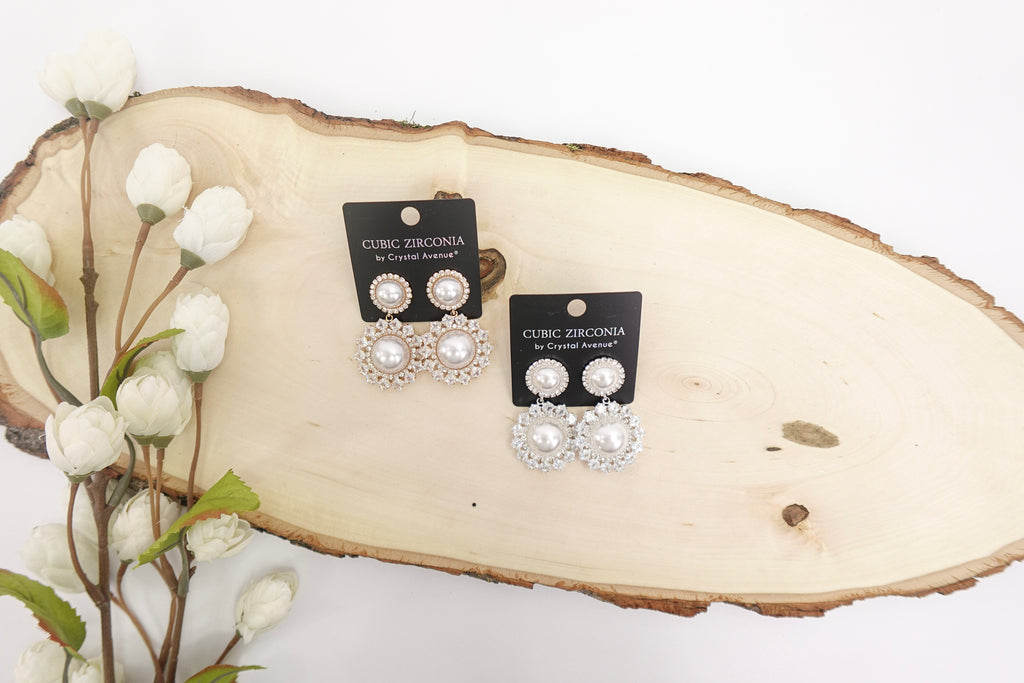 Cubic Zirconia Pearl Halo Drop Earrings
