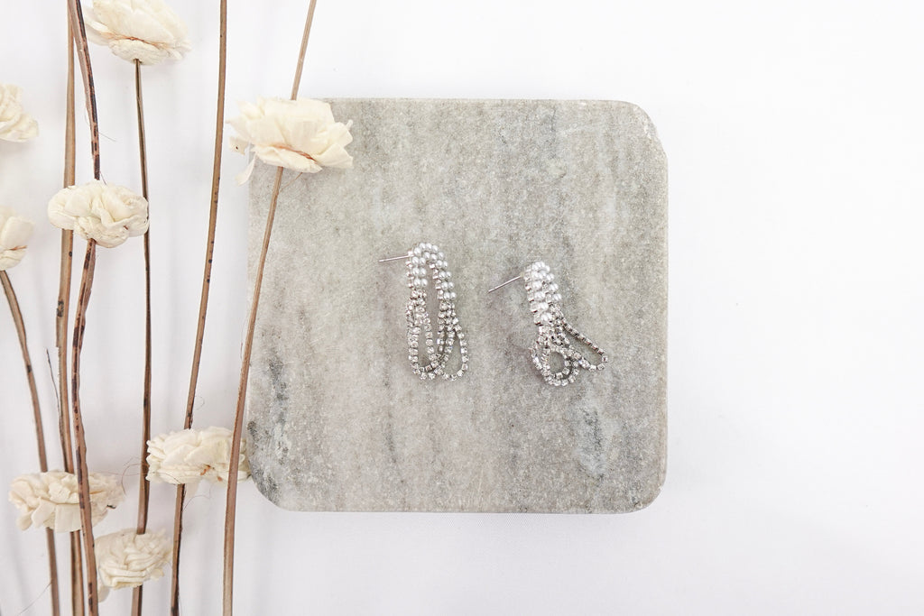 Silver Toned Pearl & Crystal Dangle Earrings