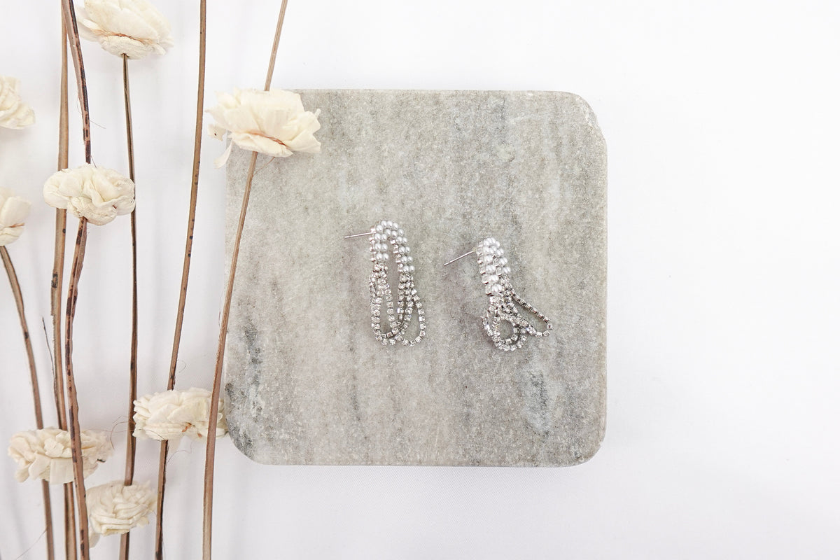 Silver Toned Pearl & Crystal Dangle Earrings
