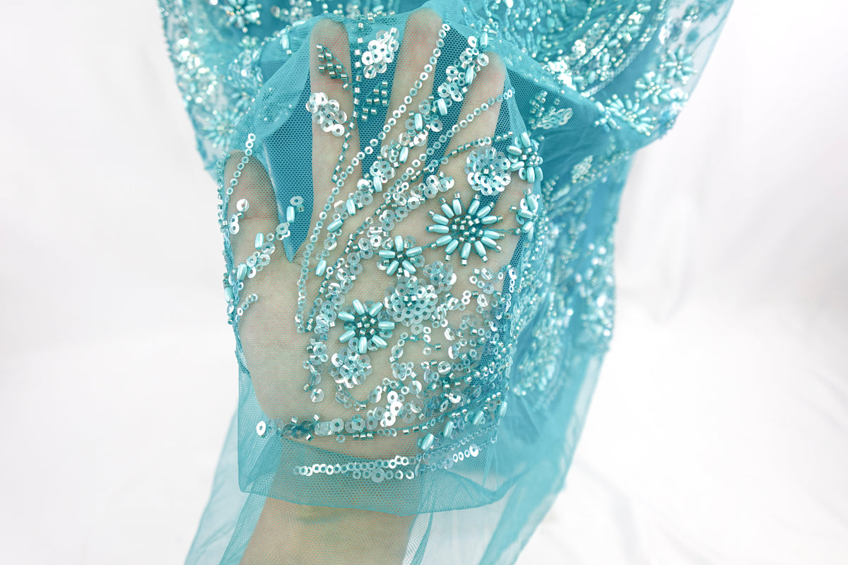 Egyptian Teal Sequin & Beads Floral Bridal Lace