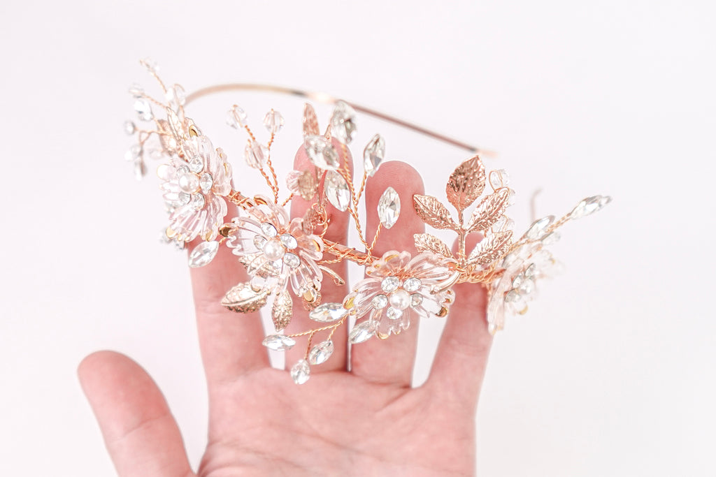 Crystal Flowers & Leaves Gold Headband
