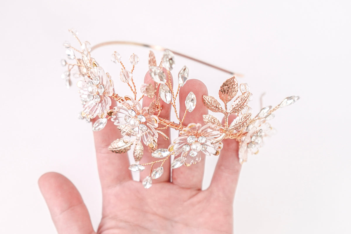 Crystal Flowers & Leaves Gold Headband